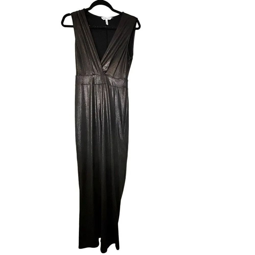 BCBGeneration Shimmer Metallic V-Neck Sleeveless Wide Leg Jumpsuit Black Gold XS